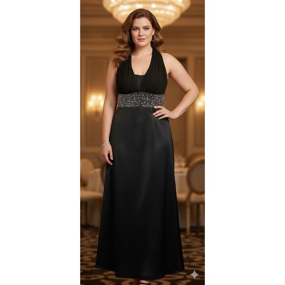 Nicole Miller Platinum Black Halter Evening Gown Size 16 Rhinestone Waist - Picture 1 of 16